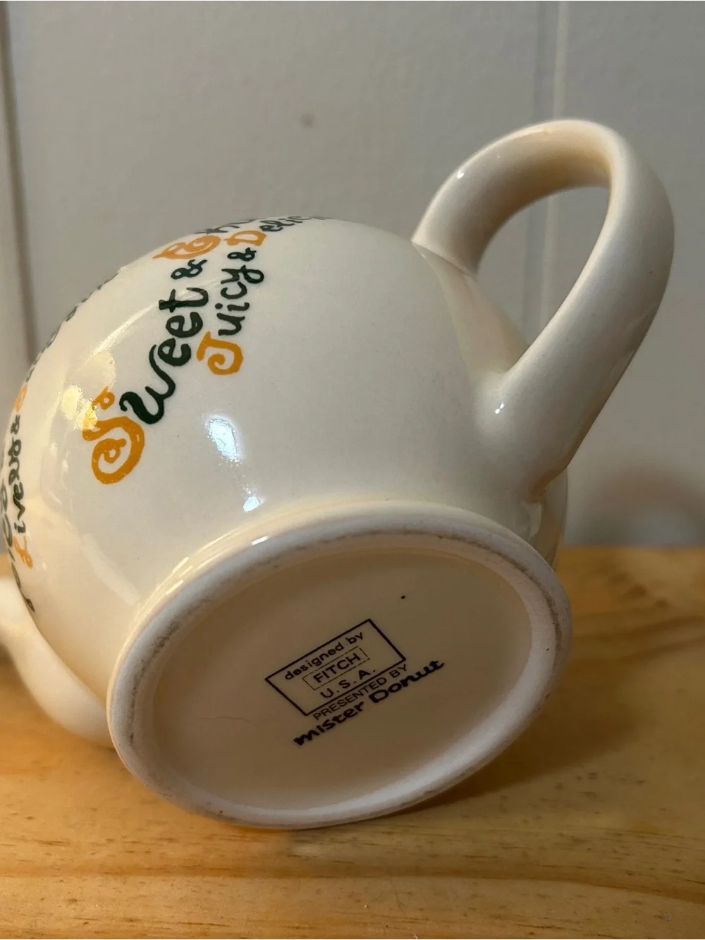 Vintage Mister Donut Fish Ceramic Teapot with Brown Accents and Playful Script